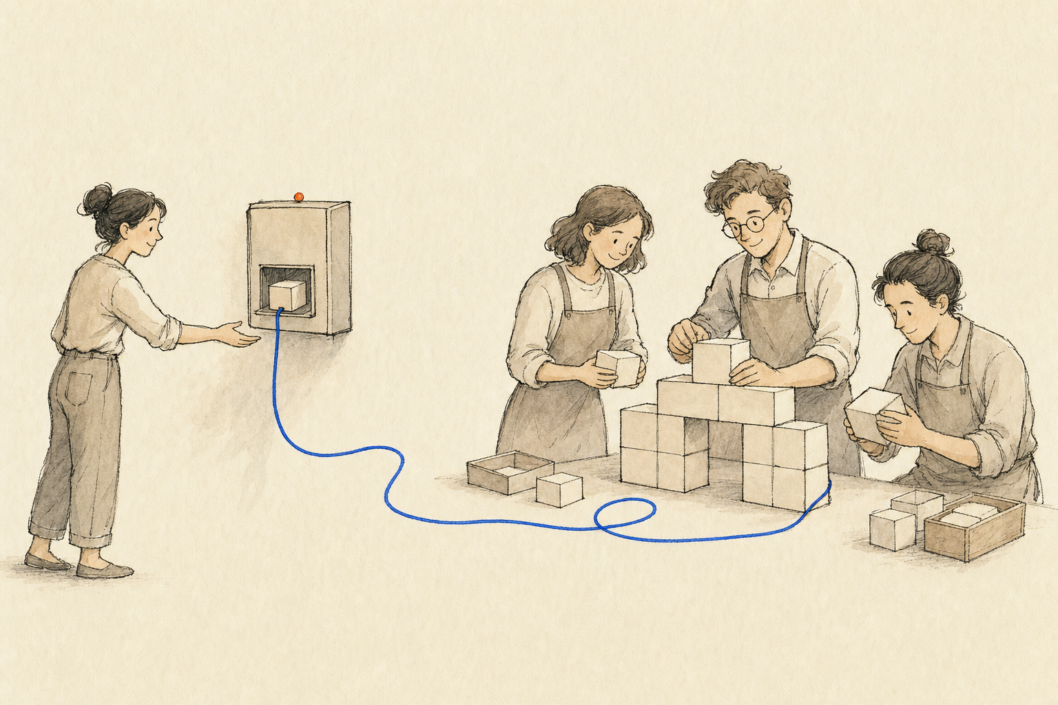 Ilustración: a la izquierda una persona atada a un dispensador externo; a la derecha un equipo que construye con capacidad propia.