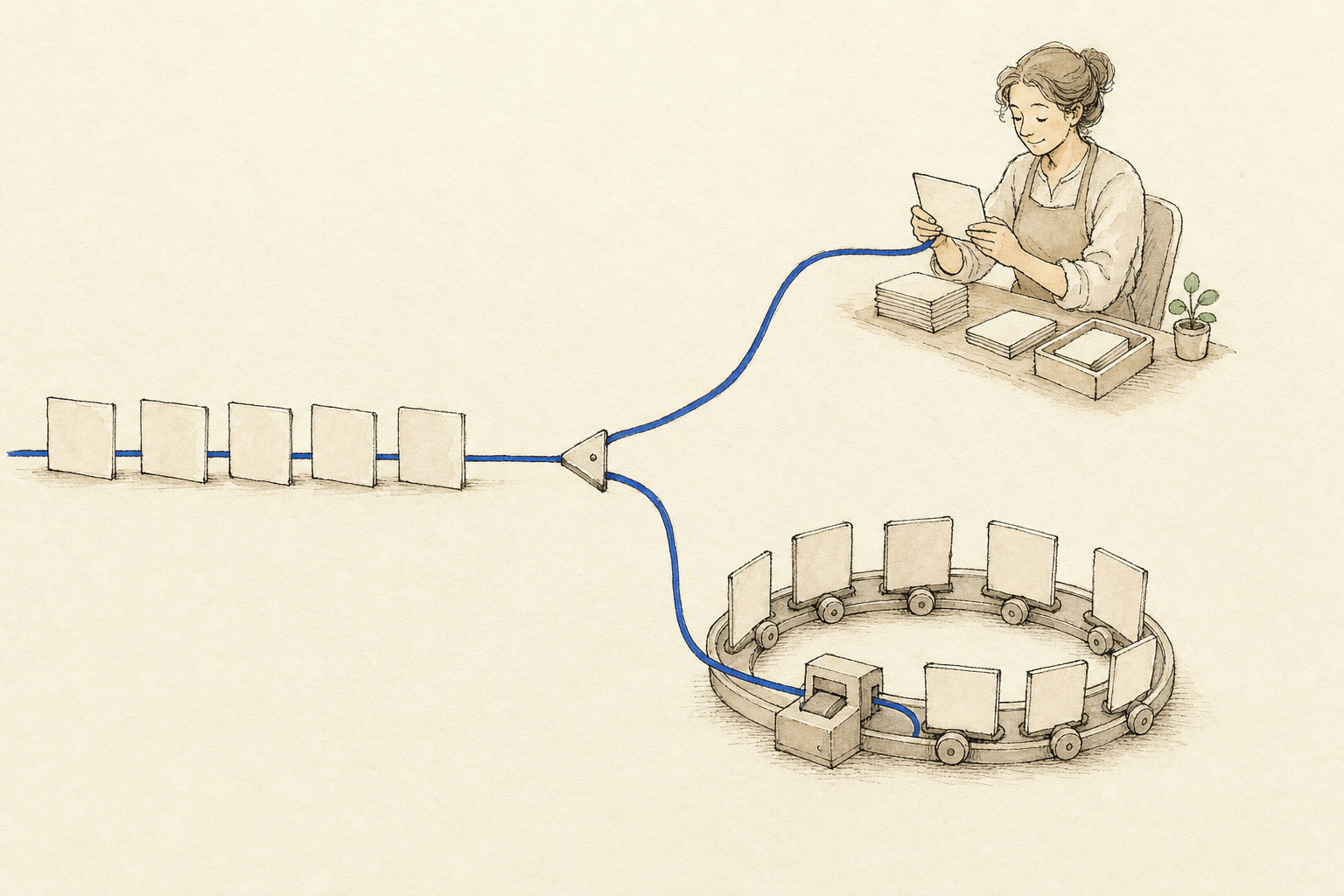 Ilustración: una bifurcación donde las tareas repetitivas van a un bucle automático y una tarea única va a una persona.