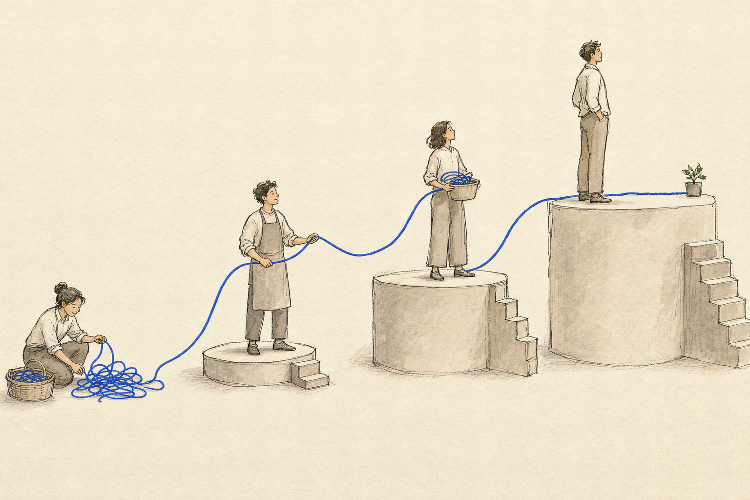 Ilustración: un hilo azul que asciende con etapas y figuras ubicadas en distintos puntos del camino.