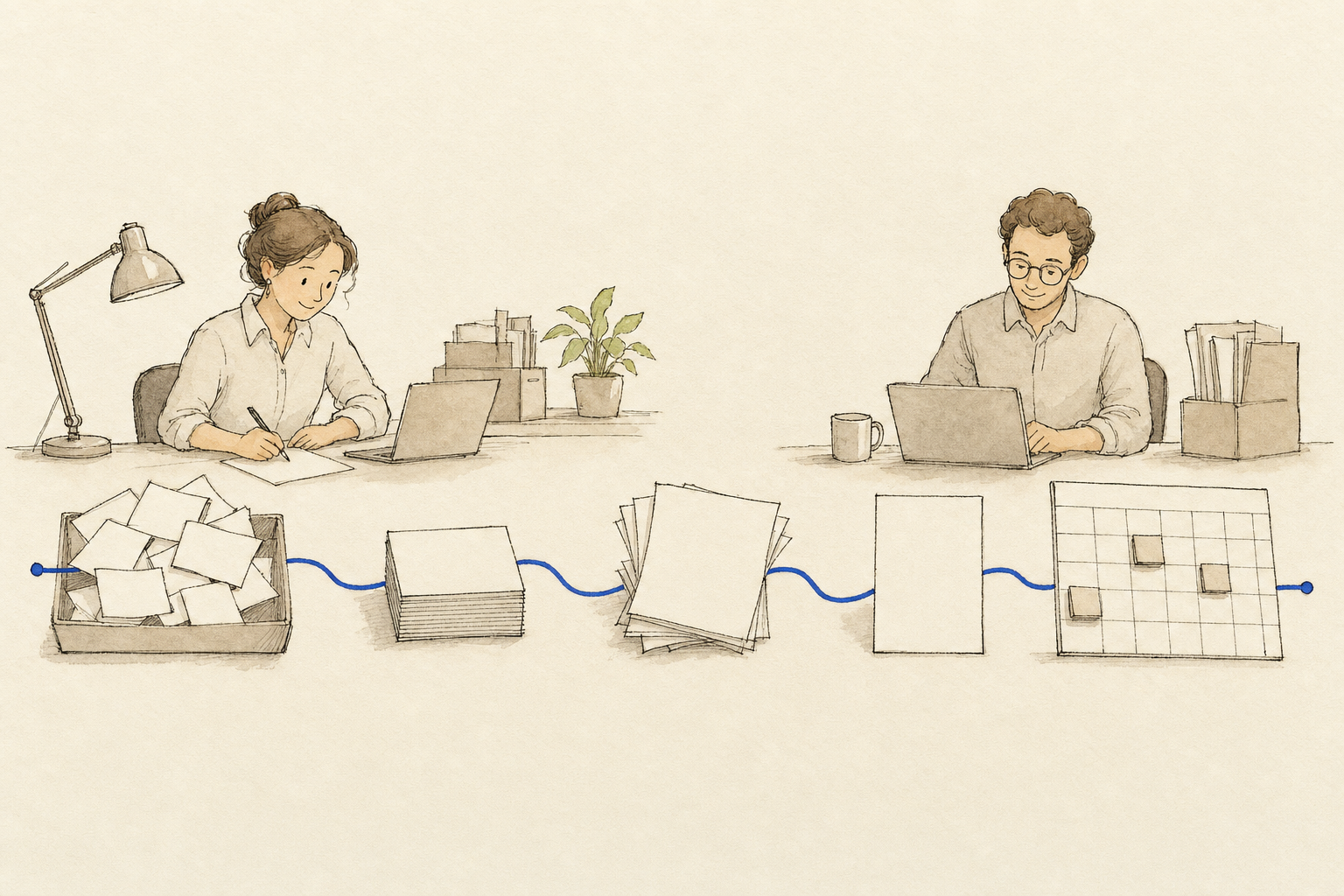 Ilustración: un hilo azul ordena tareas mundanas de oficina mientras dos personas trabajan tranquilas.