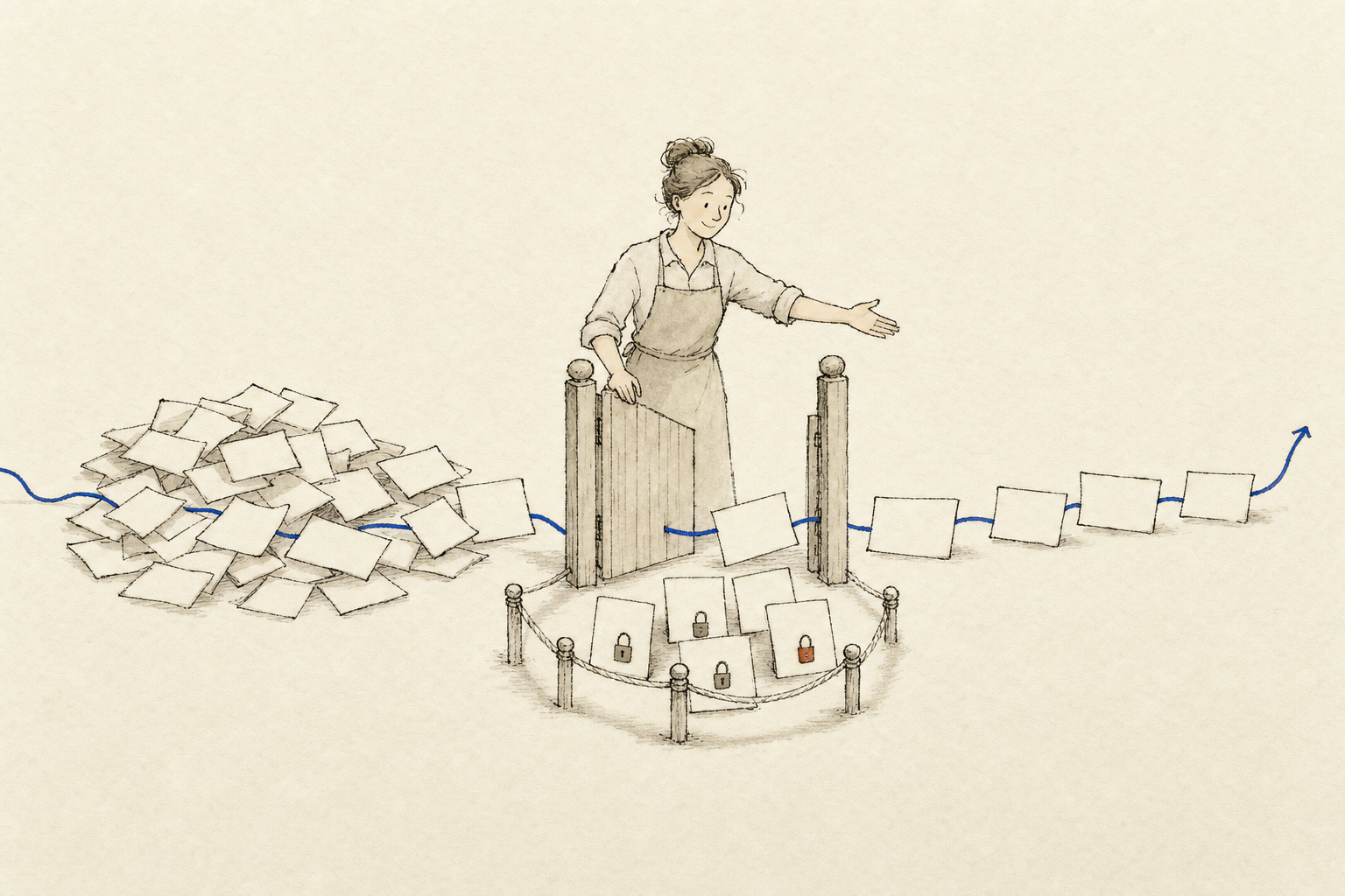 Ilustración: un hilo azul que filtra documentos, dejando pasar los comunes y reteniendo los sensibles con un candado.