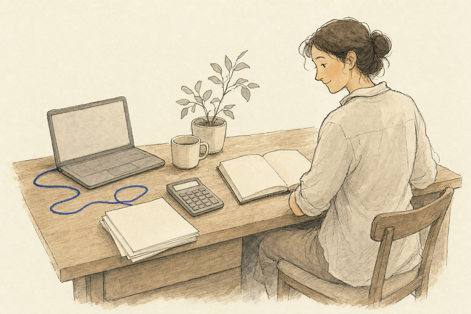 Ilustración: una persona vuelve al trabajo a mano con cuaderno, calculadora y papeles, mientras la laptop con la herramienta de IA queda abierta y sin usar y un hilo azul sale flojo de ella, sin llegar a sus manos.